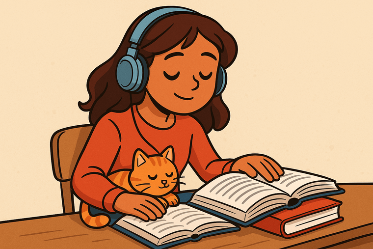 Cartoon-style illustration of a student wearing headphones while reading a book at a desk, with an orange cat