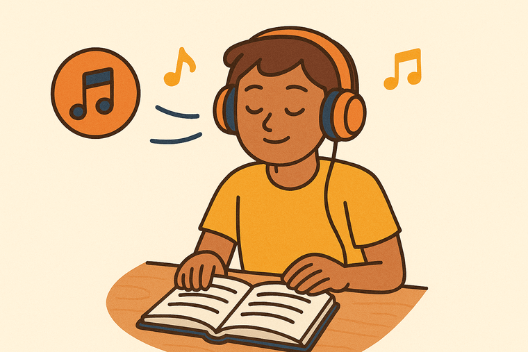 Cartoon-style illustration of a student wearing orange headphones, sitting at a desk while reading an open book, with music notes floating around them.