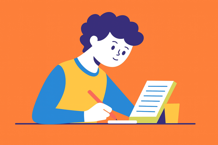 A cartoon-style illustration of a student writing notes on a tablet or notebook, holding a red pen, with a pencil cup nearby against an orange background.