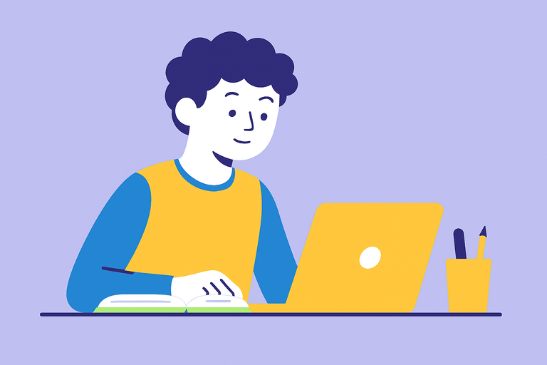 A cartoon-style illustration of a student with curly hair studying at a desk, using a yellow laptop with an open book beside them against a light purple background.