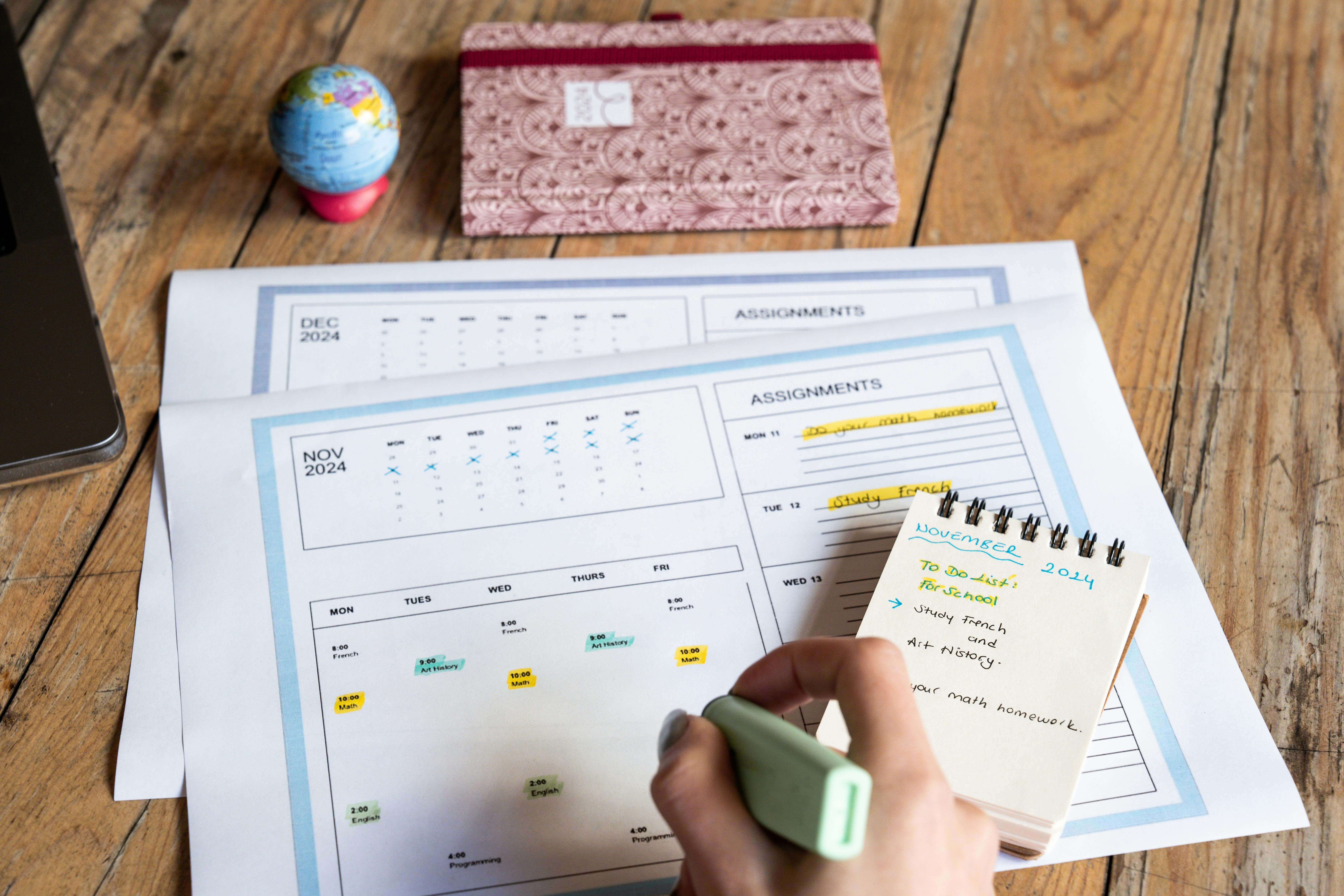Study planning calendar and notes representing spaced repetition study scheduling.