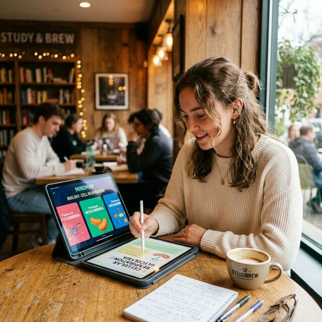 Student studying with digital flashcards on a tablet.