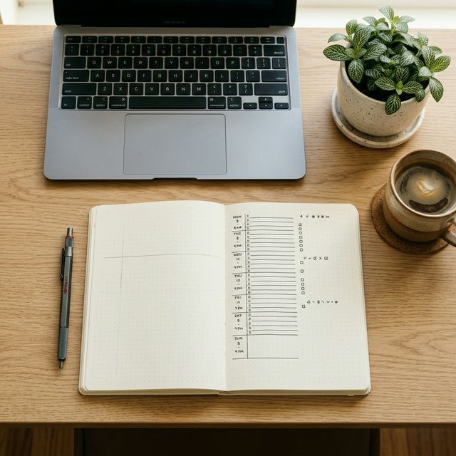 A minimalist and aesthetic student desk flat-lay with a notebook, laptop, plants, and coffee, representing productive time management.