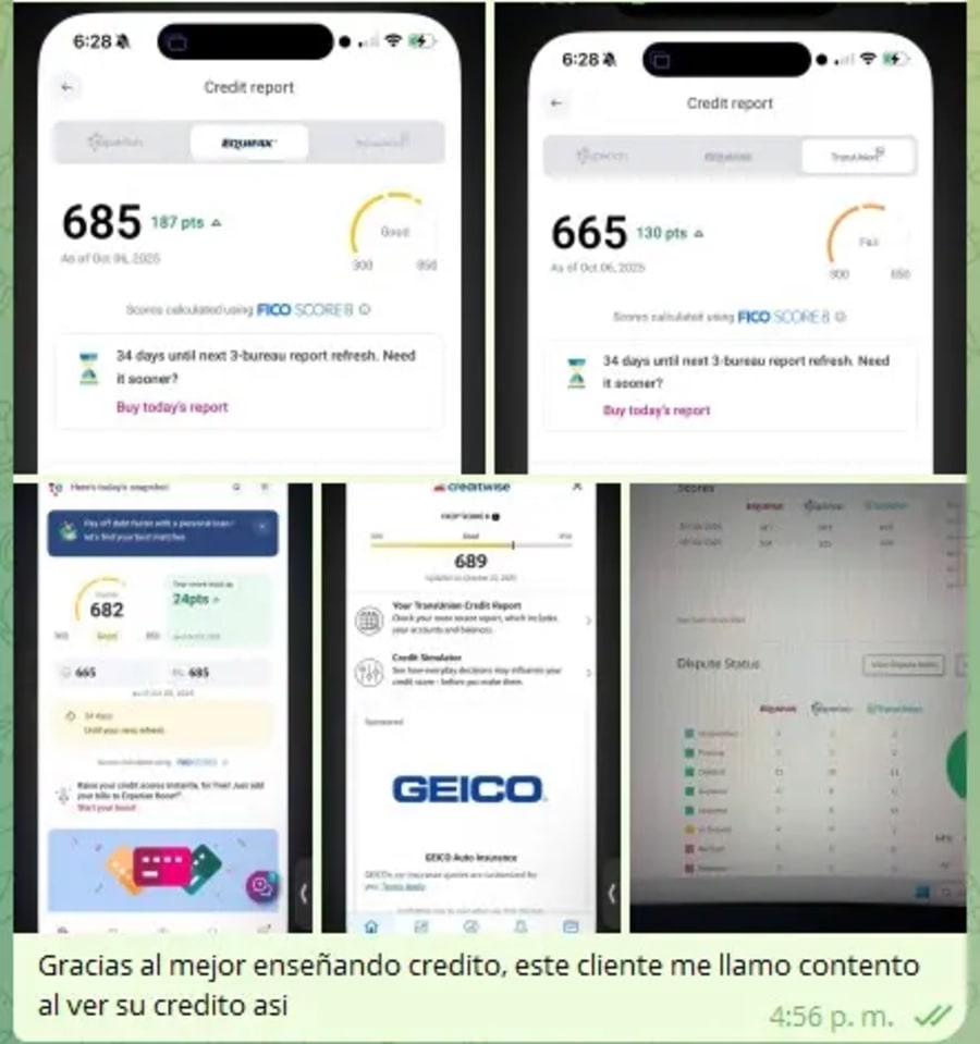 Credit repair coaching results with improved FICO score and clean credit profile