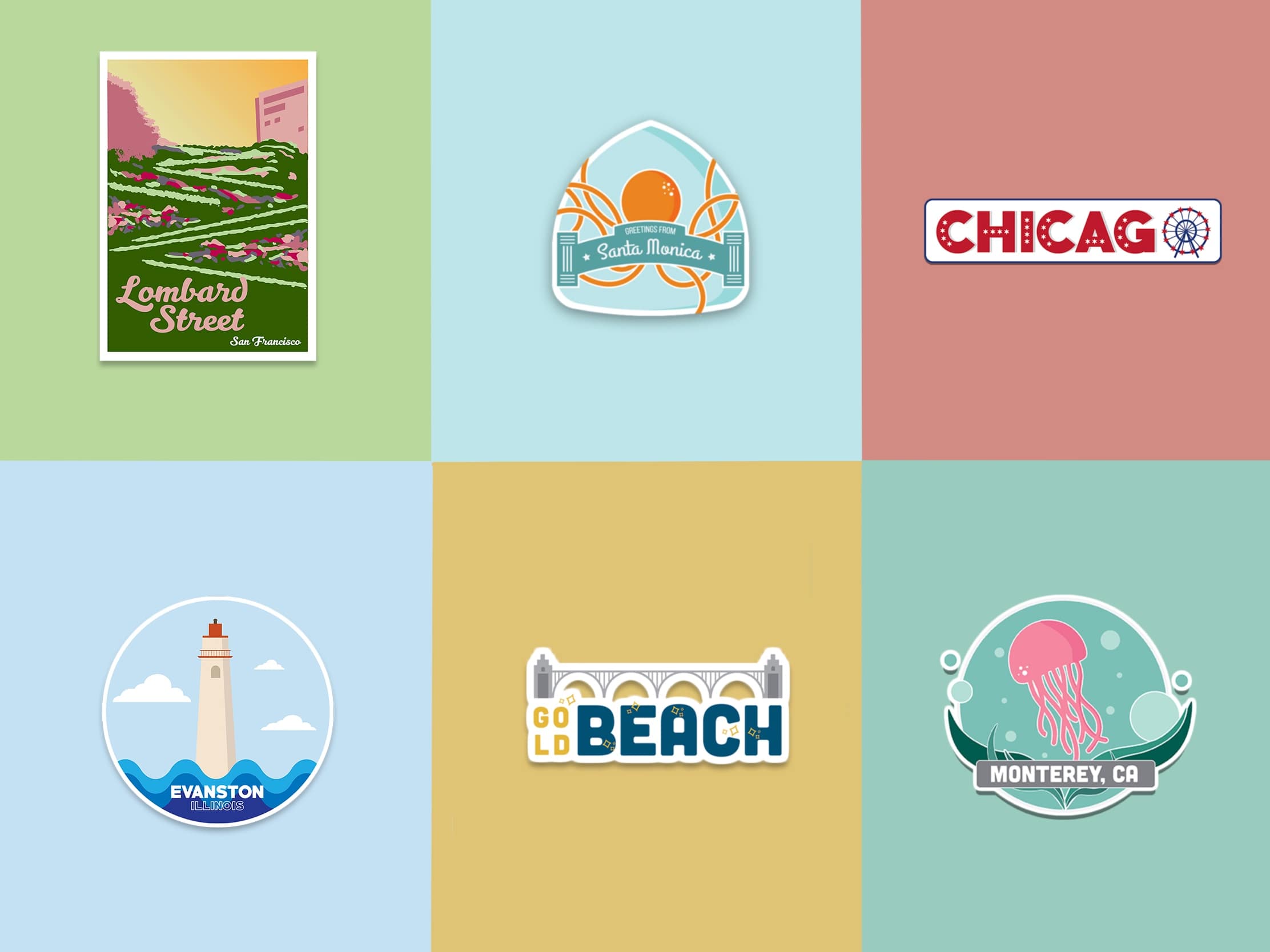 six geofilter designs made for Snapchat for the following locations: Lombard Street, Monterey, Chicago, Evanston, Gold Beach and Santa Monica