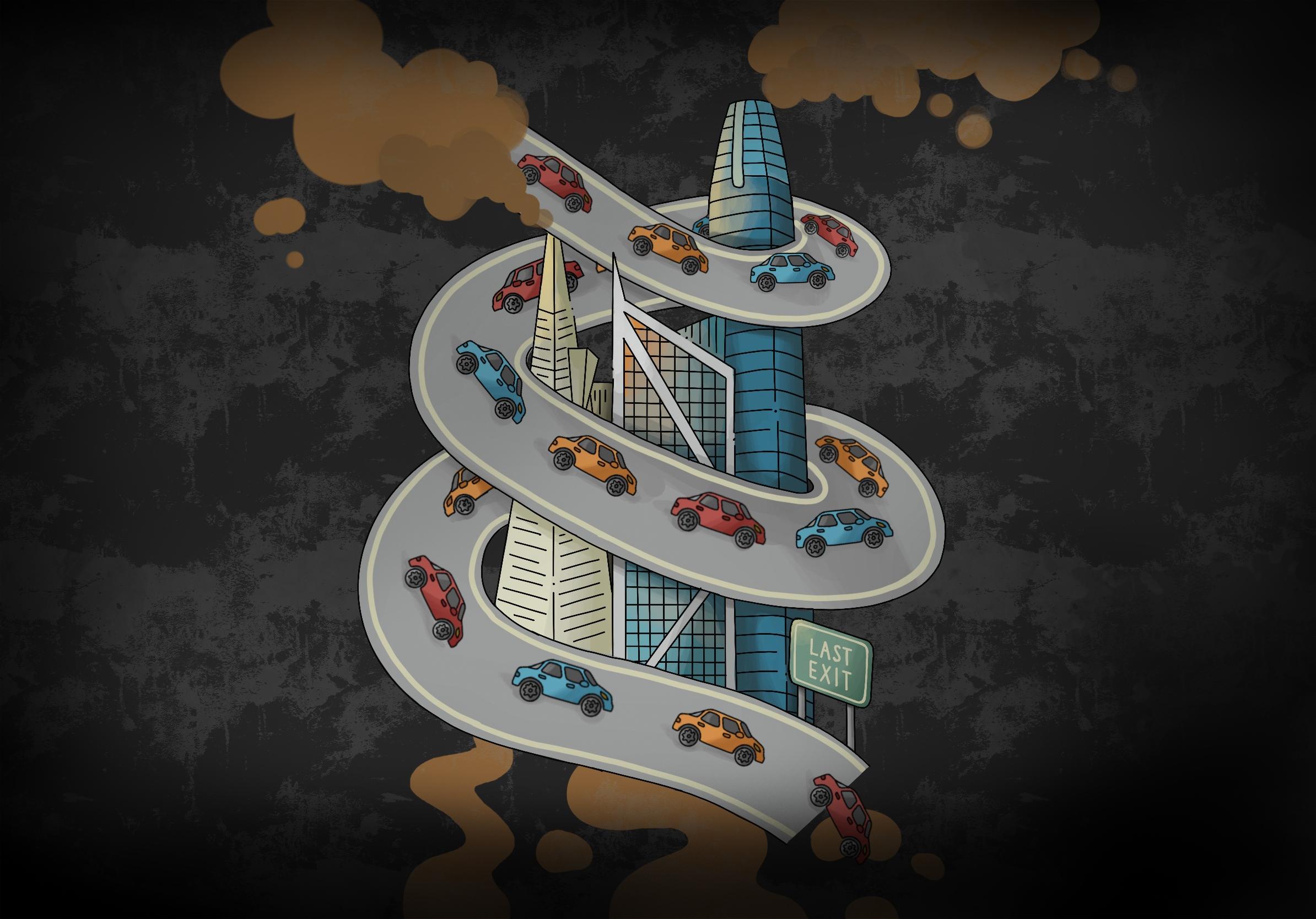 illustration of San Francisco with a road spiraling downwards and cars falling off