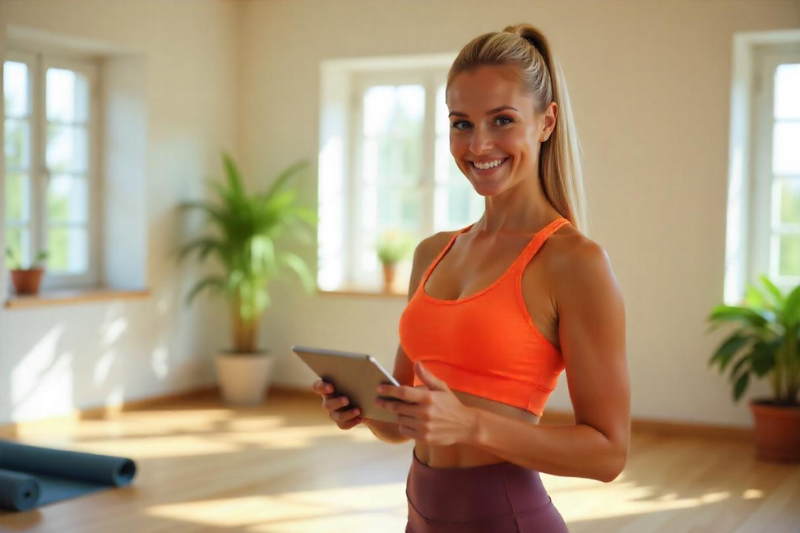 Woman in a bright yoga studio holding a tablet and smiling.
