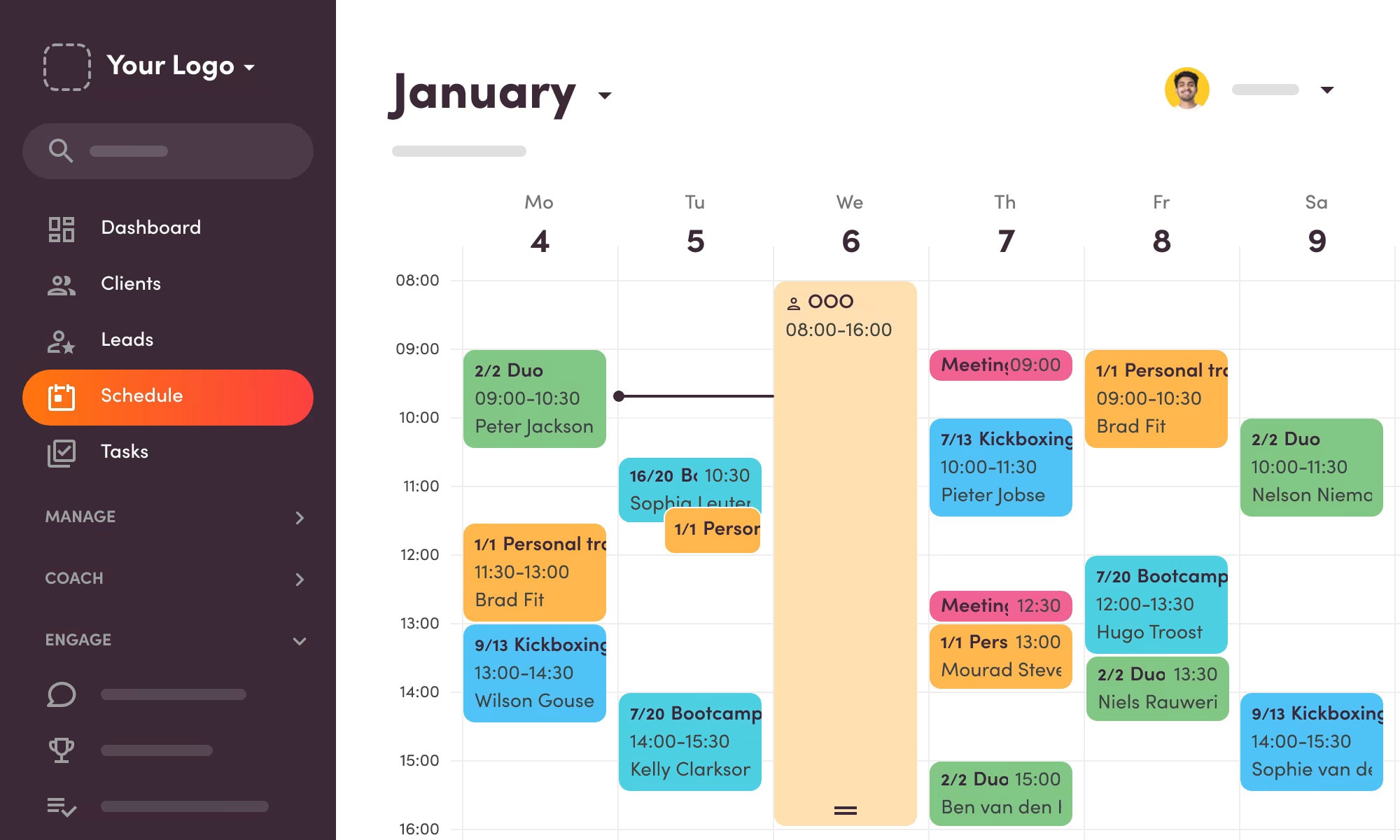 Yoga studio management software for scheduling software screenshot of Virtuagym to book classes