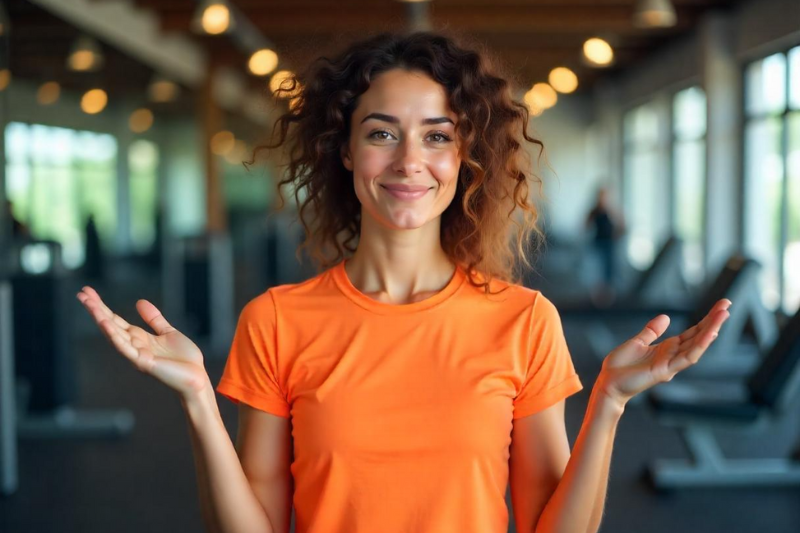 Woman smiling in gym wearing an orange shirt.