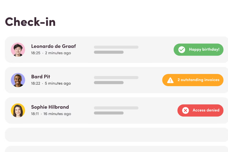 Check in interface from Virtuagym yoga studio software