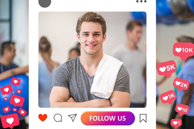 Una publicación en Instagram con un hombre con una toalla sobre el hombro en un gimnasio, con un botón de "Síguenos" e iconos de me gusta alrededor de la imagen.