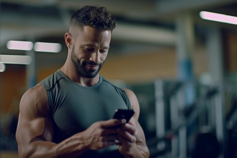 Personal trainer looks on the screen of his phone