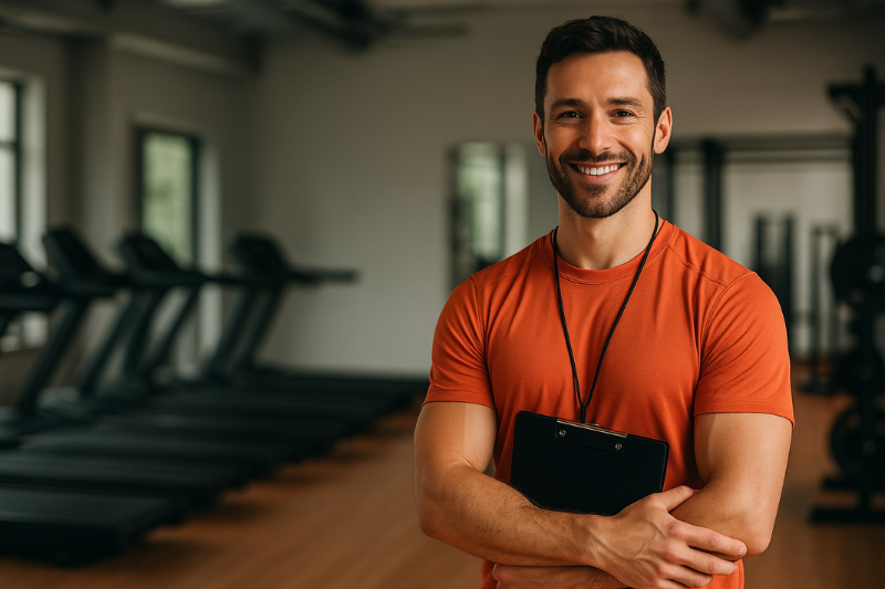 A smiling male successful personal trainer in an orange t-shirt stands in a modern gym, holding a clipboard. ( how to start a personal trainer business) Ask ChatGPT