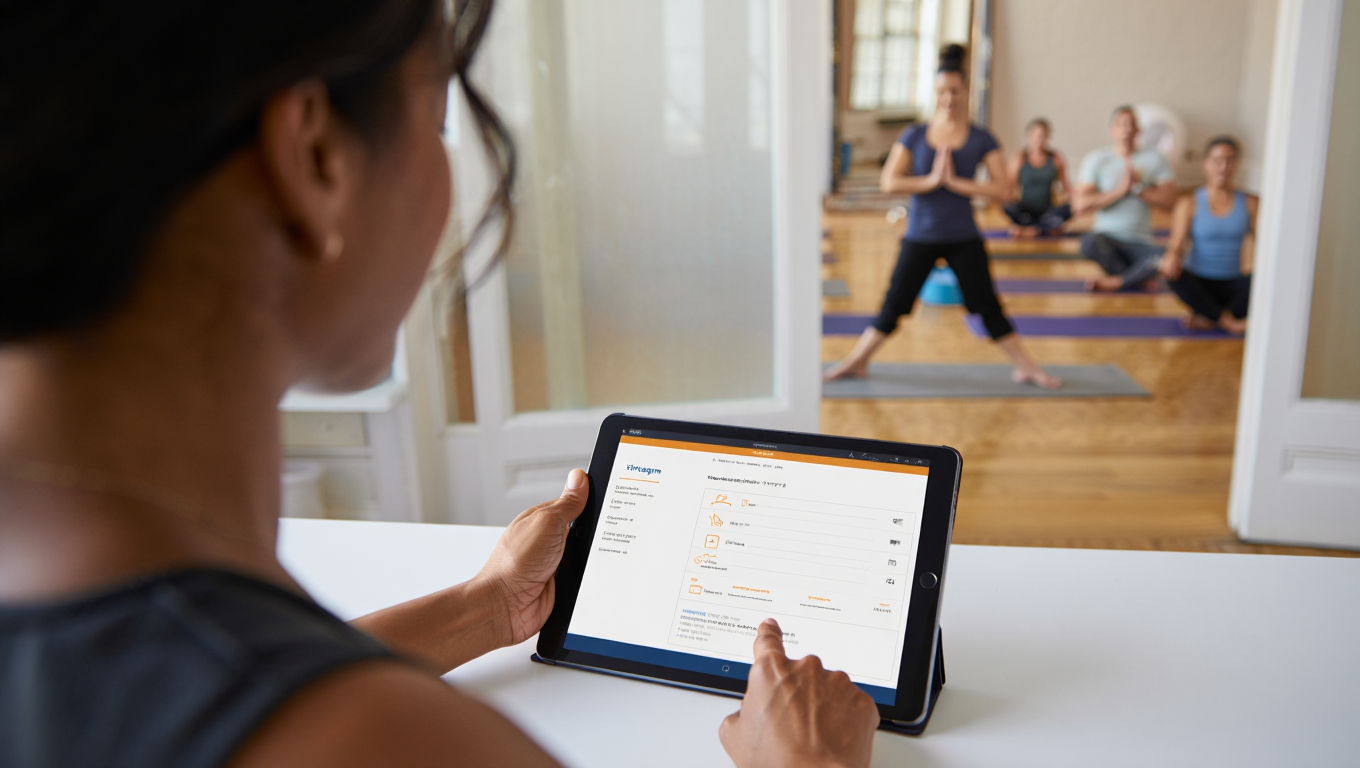 Frau sitzt an Physio App während einer Yoga Stunde