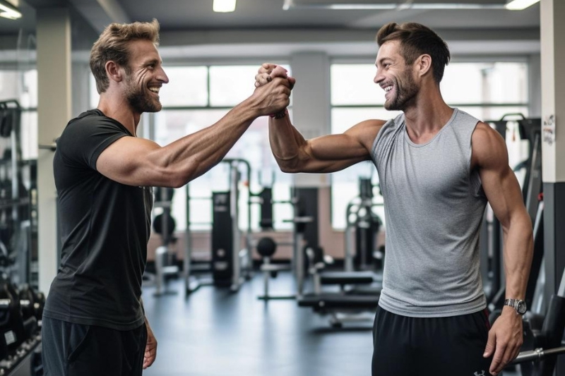 Two men at the gym high-fiving in celebration after their workout.