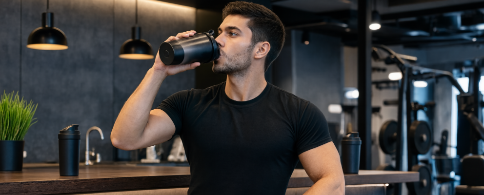 Man holding a protein shake in his hand