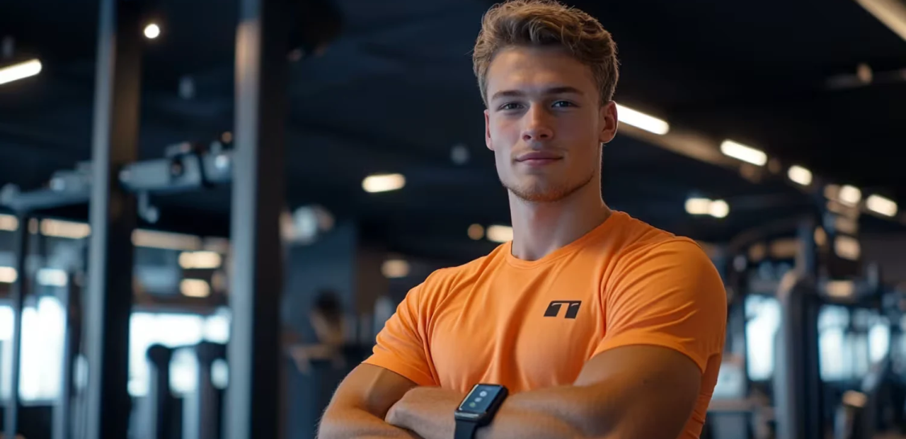 A man in an orange workout shirt, smiling confidently in a gym with fitness trackers on his wrist and arm. (Wearable and Gym Programs)