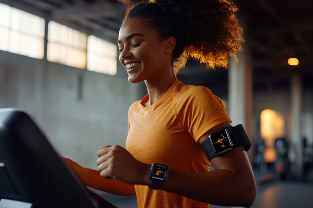 A club member who goes to the gym regularly running in a treadmill