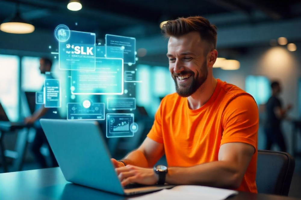a personal trainer working on his laptop in a gym setting
