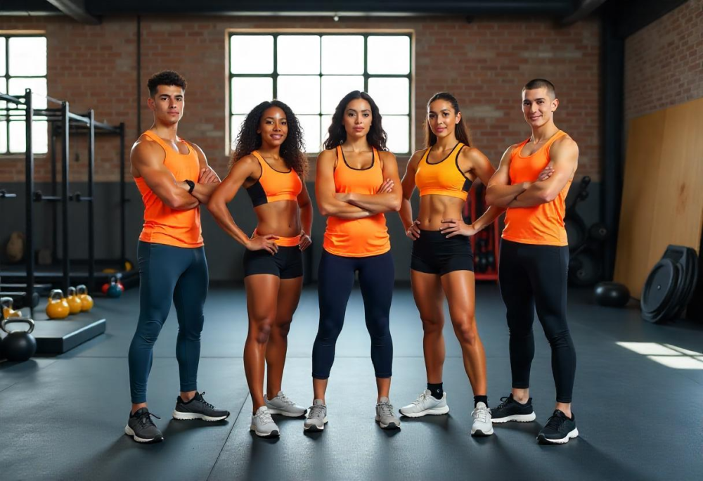 Five athletic individuals in orange workout gear stand confidently in a gym.
