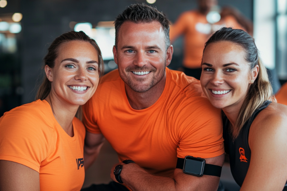 Three smiling gym-goers wearing orange fitness gear, with one wearing a smartwatch, posing together in a modern gym.