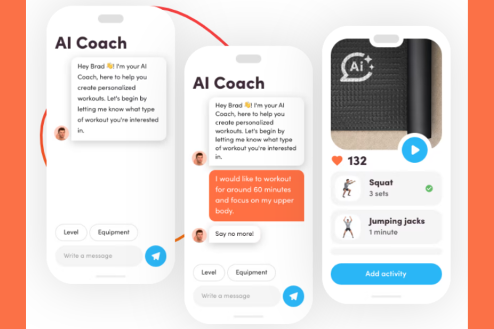 Screenshots of an AI Coach app showing personalized workout plans.