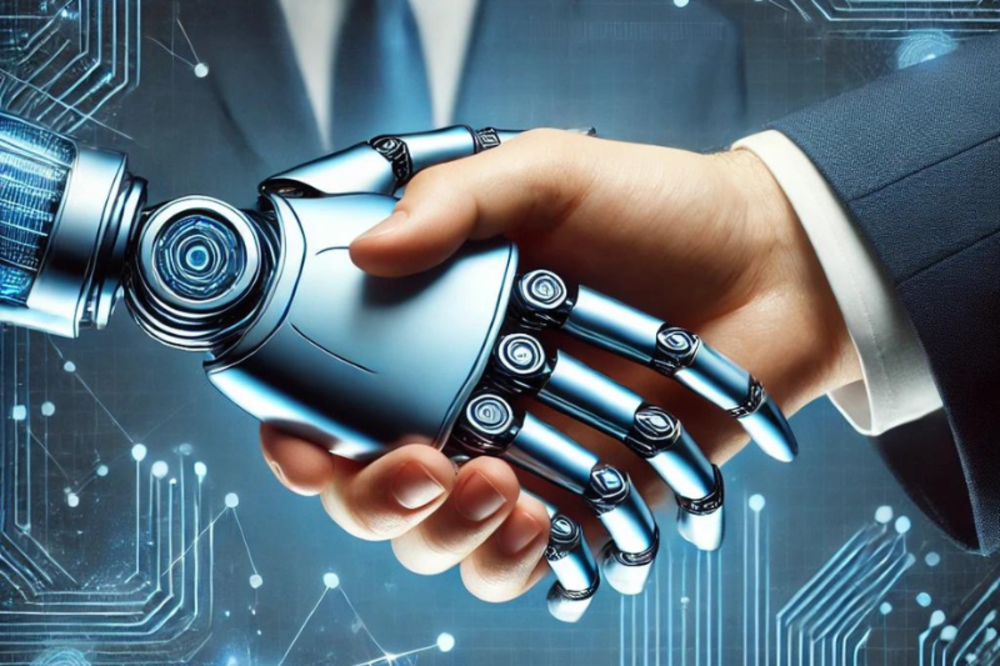 A handshake between a human hand in a business suit and a metallic robotic hand, symbolizing a partnership between AI and humans in a futuristic business setting.