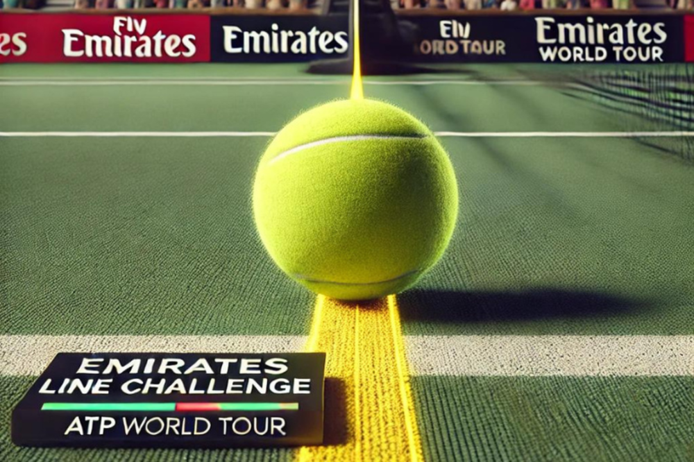 A digital recreation of a tennis ball on the court’s boundary line, with a yellow trajectory showing the ball’s path. The scene features the "Emirates Line Challenge" logo and a packed stadium in the background.