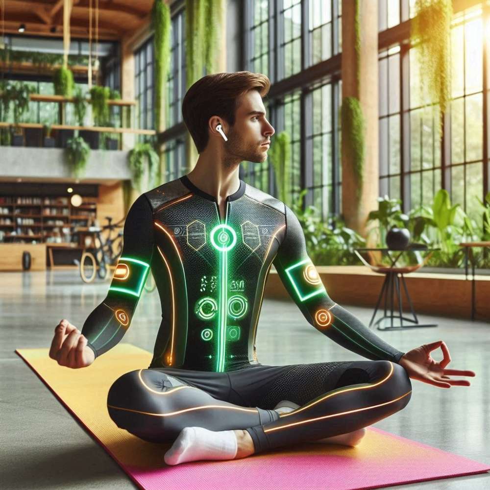 Un miembro del gimnasio vistiendo ropa inteligente de alta tecnología con sensores integrados, meditando sobre una esterilla de yoga en un gimnasio moderno con grandes ventanales y abundante vegetación, mostrando datos biométricos en tiempo real en el traje.