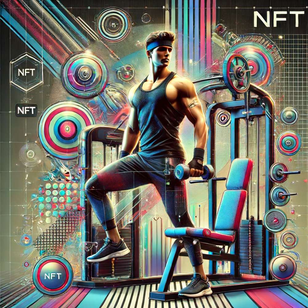 A vibrant digital artwork of a gym trainer in a dynamic pose, wearing stylish workout gear and surrounded by high-tech gym equipment, with a futuristic background featuring abstract shapes, unique patterns, and holographic effects.