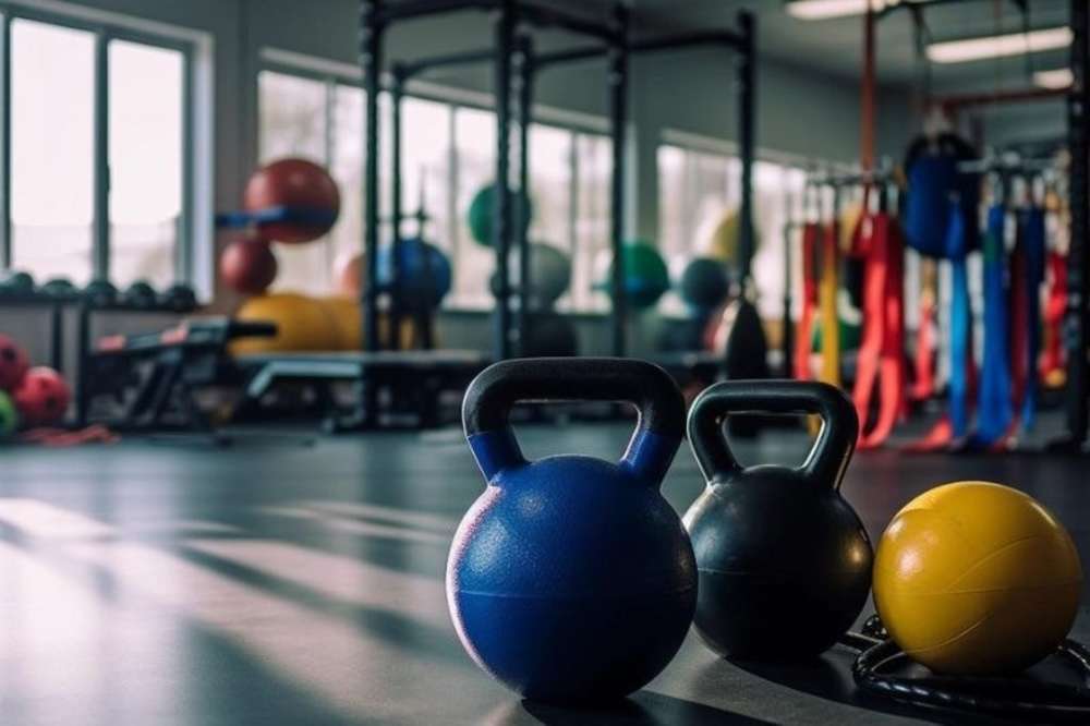 Colorful kettlebells in foreground of fitness studio.