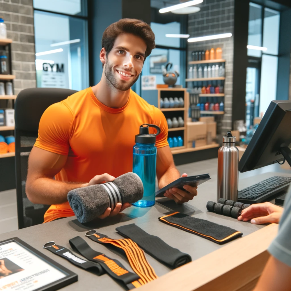 A male gym employee smiling at a checkout counter, handing over fitness gear and a towel to a customer, with water bottles and supplements displayed.