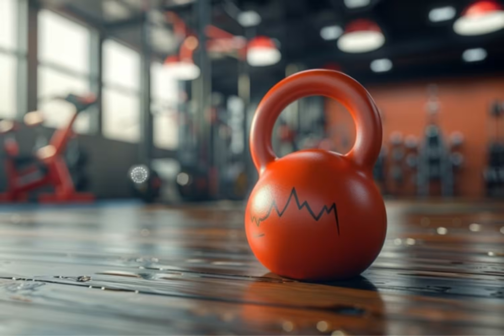 A close-up of a bright orange kettlebell with a fitness tracking symbol, placed on a gym floor with workout equipment in the background.