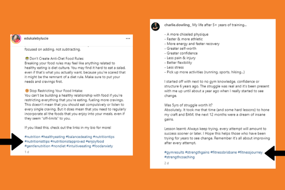 Two social media posts about nutrition and fitness. One discusses healthy eating habits, the other lists benefits of long-term training.