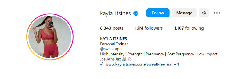 Instagram-Profil einer Fitness-Influencerin namens kayla itsines