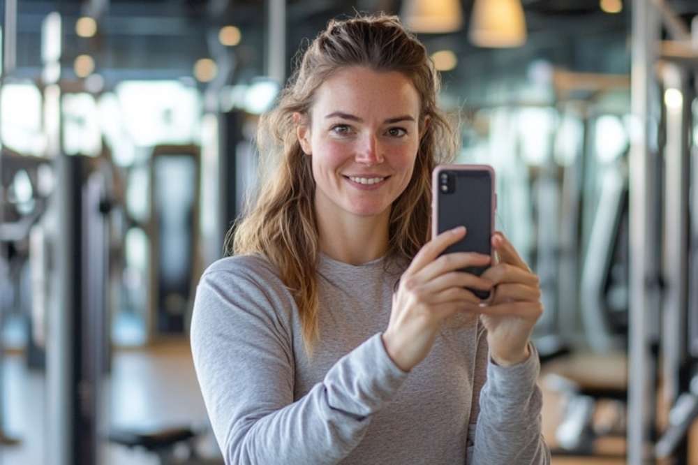 Una entrenadora personal sonríe mientras graba con el móvil