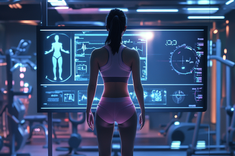 Entrenadora personal ante una pantalla don datos de un usuario