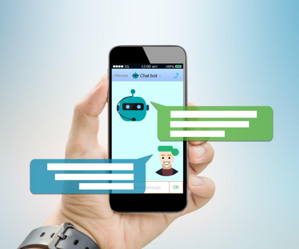A person holding a smartphone displaying a chatbot conversation screen with a friendly robot icon.