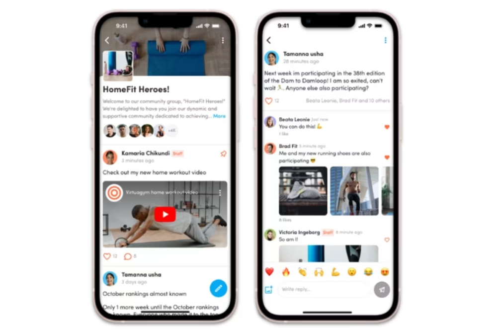 Interfaz de la aplicación móvil que muestra un feed comunitario con interacciones de usuarios como comentarios y "me gusta" en diversas actividades de fitness.