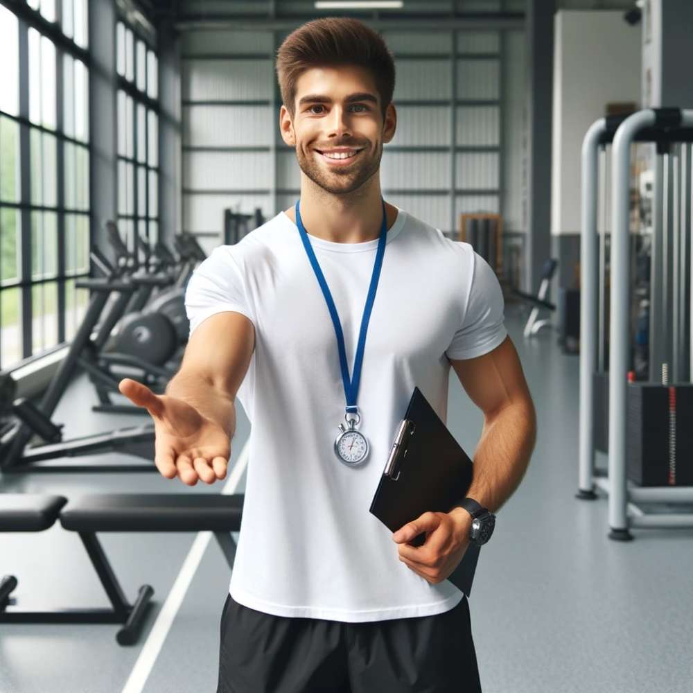 Smiling personal trainer holding a clipboard and stopwatch, extending a welcoming hand in a modern gym setting.