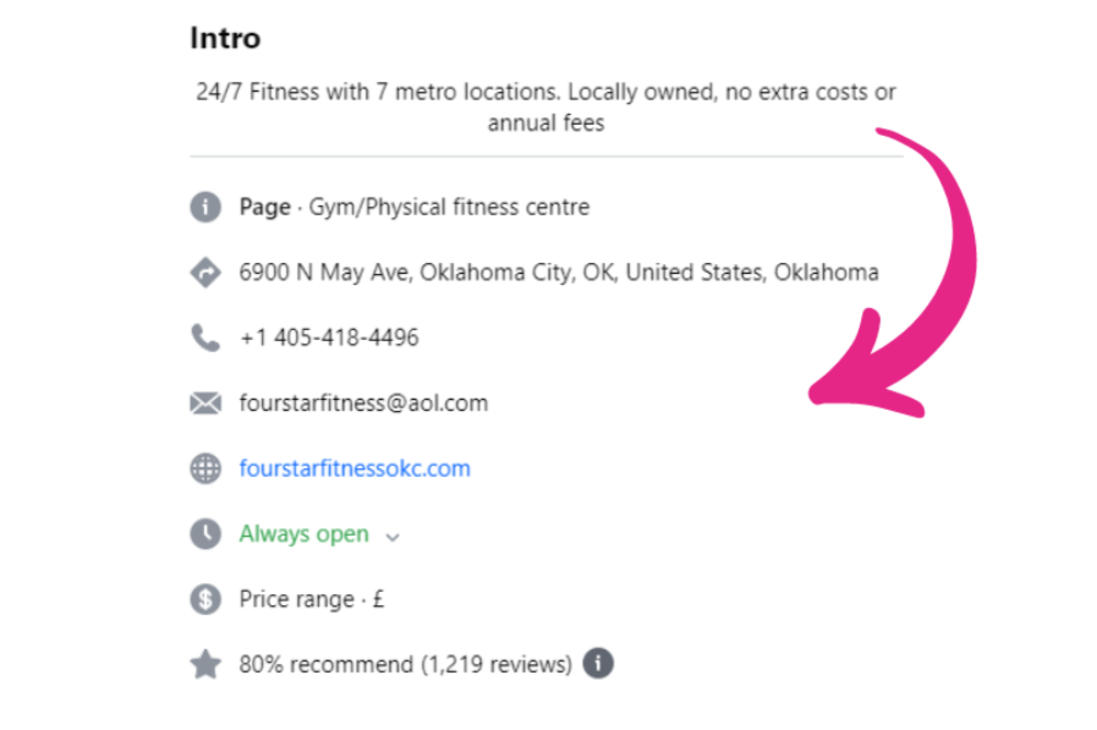 Information about a 24/7 fitness center with 7 metro locations in Oklahoma City, including address, phone number, and website details. A pink arrow points to the website URL.