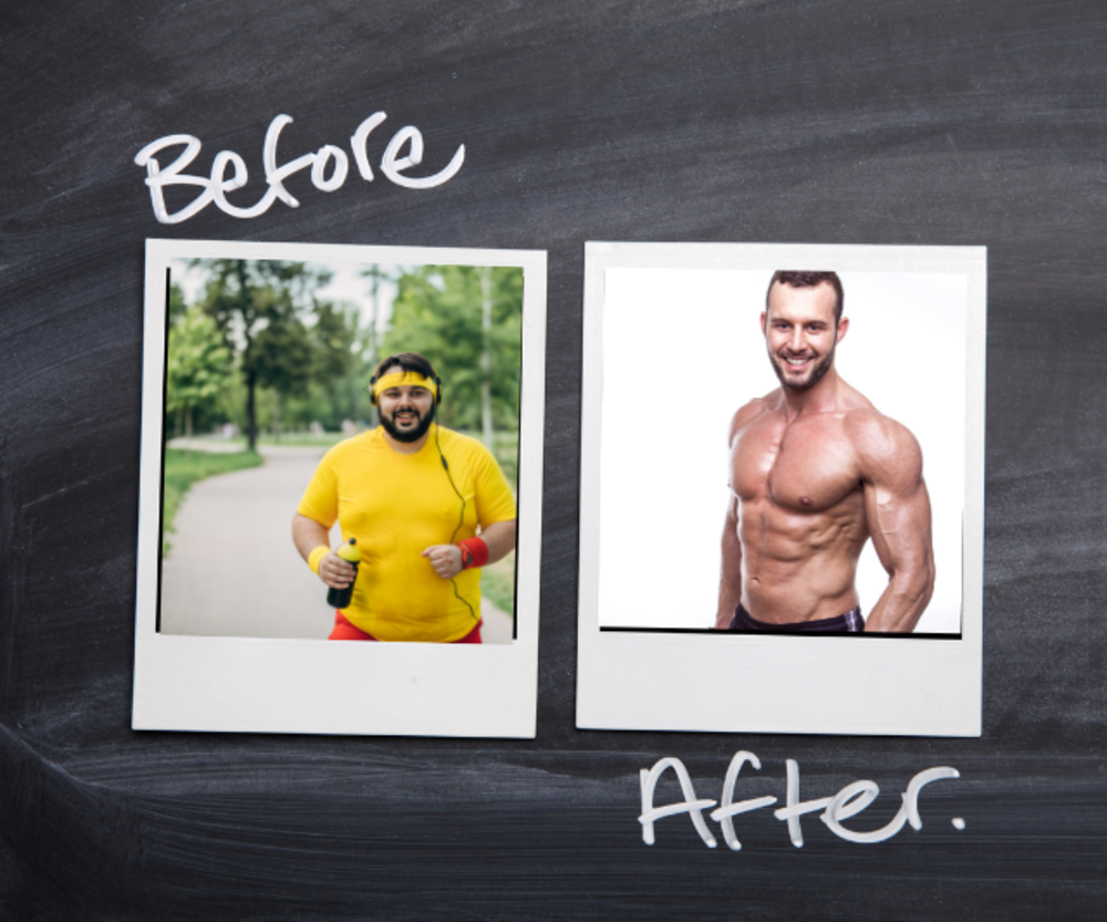 Before and after fitness transformation displayed on a chalkboard, featuring Polaroid photos of a man: "Before" photo shows him jogging in a yellow shirt, smiling; "After" photo shows him posing shirtless, muscular.