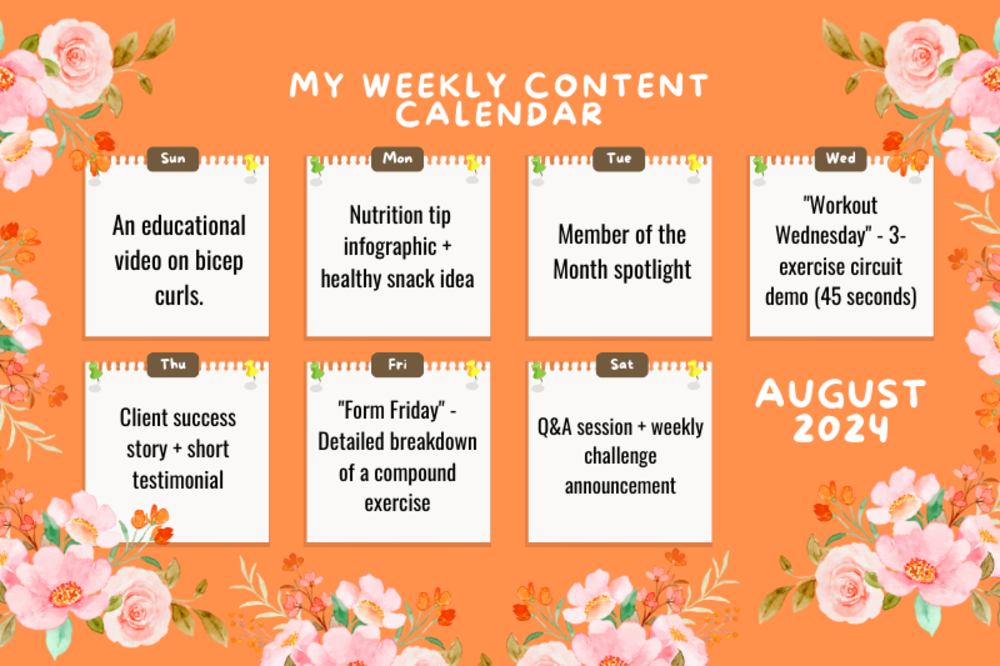 A digital calendar displaying weekly content schedule with topics and dates for social media posts.