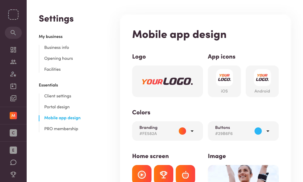 Una interfaz de configuración para la personalización del diseño de la aplicación móvil, que incluye opciones de logotipo, colores y diseño de la pantalla de inicio.