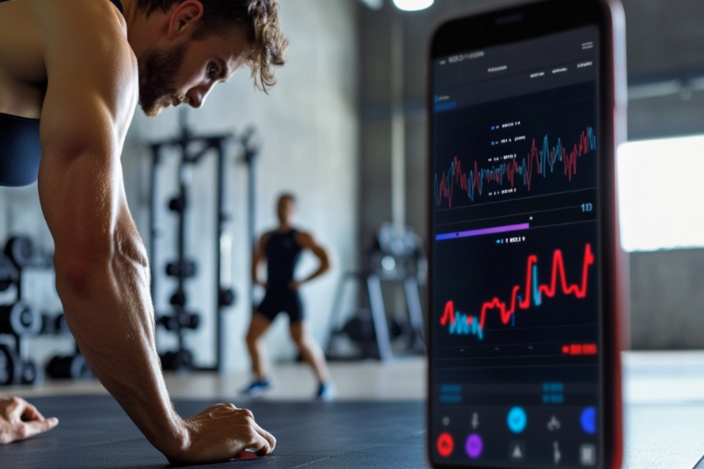 A man performing a plank exercise while a smartphone in the foreground displays his heart rate and workout analytics.