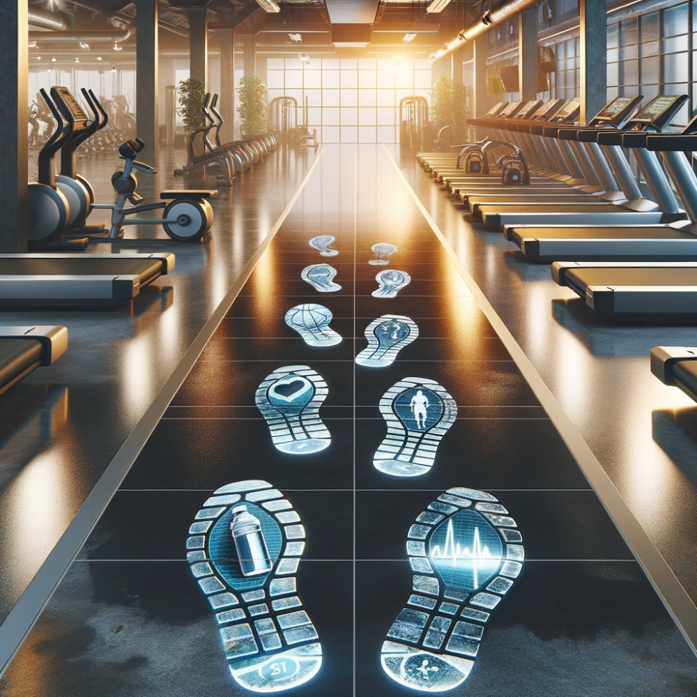 Stickers in the form of shoe marks on the gym floor