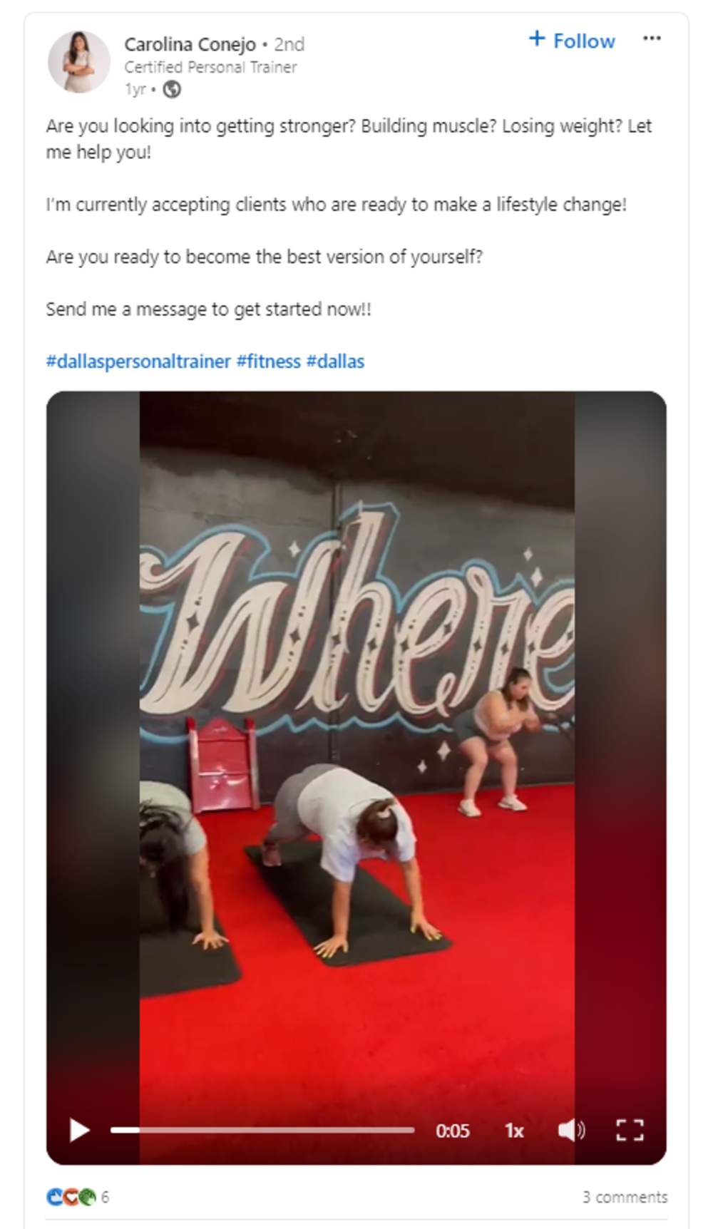 A LinkedIn post by a certified personal trainer, Carolina Conejo, featuring a video of clients performing exercises on red mats in a gym.