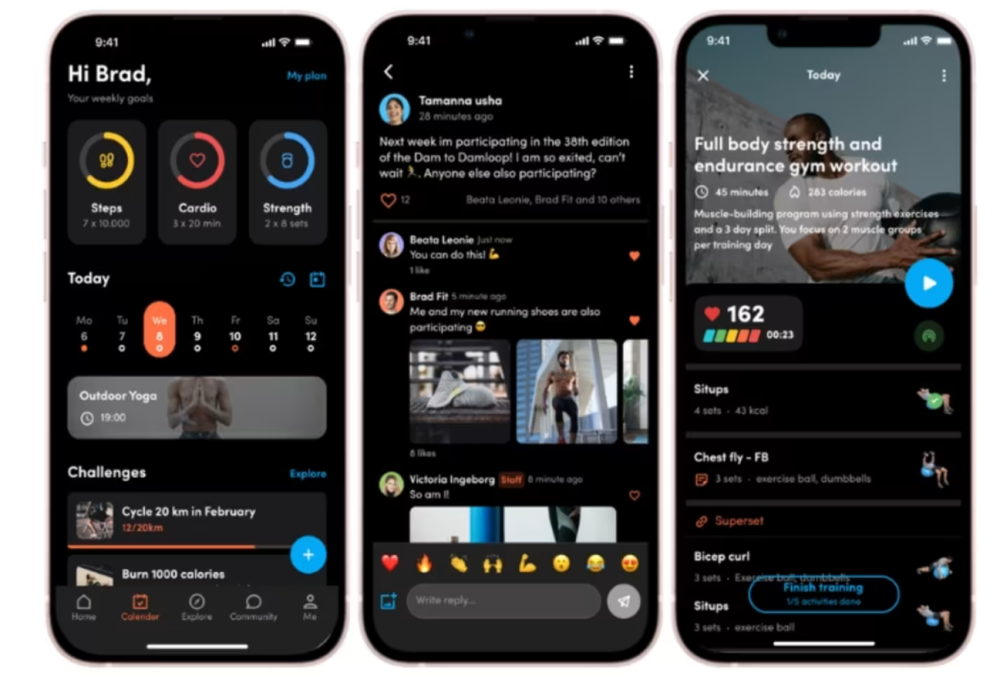 Perfil de usuario de la aplicación móvil mostrado en modo oscuro, resaltando las estadísticas de fitness del usuario y las actualizaciones recientes de actividad.