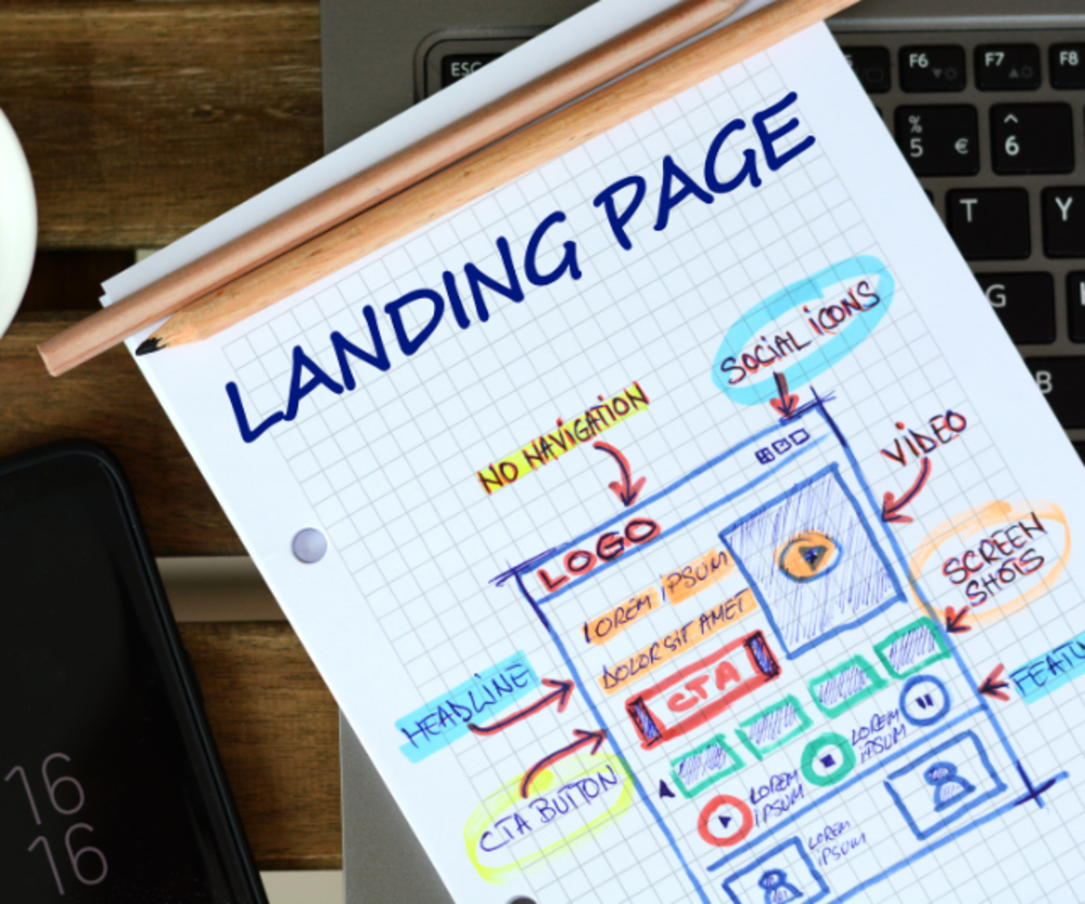 A detailed sketch outlining the structure and elements of a landing page, featuring sections for logos, social icons, video, and call-to-action buttons. (Attract Customers to Your Fitness Studio)