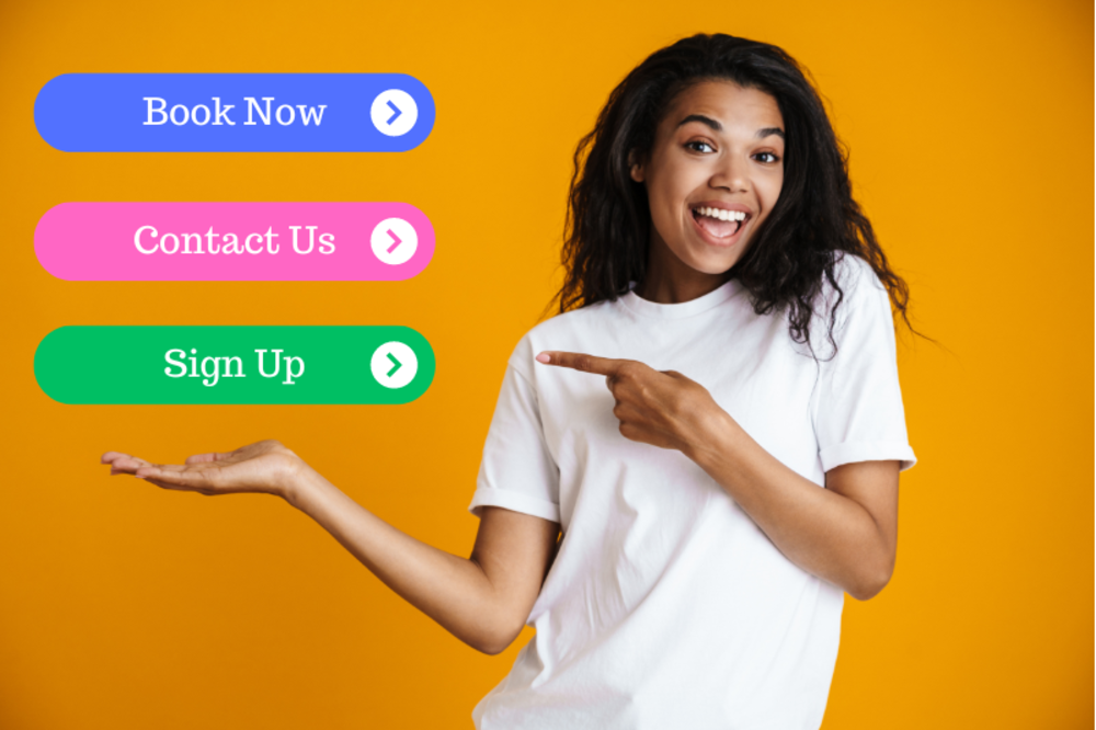 A smiling woman in a white t-shirt gesturing towards three colorful buttons labeled &quot;Book Now&quot;, &quot;Contact Us&quot;, and &quot;Sign Up&quot; against an orange background.